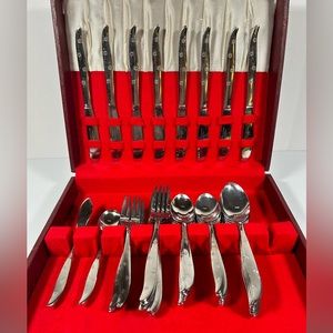 VINTAGE DORZEL STAINLESS BY HULL FIRST STAR Flatware Set 50 Pc With Holder Japan